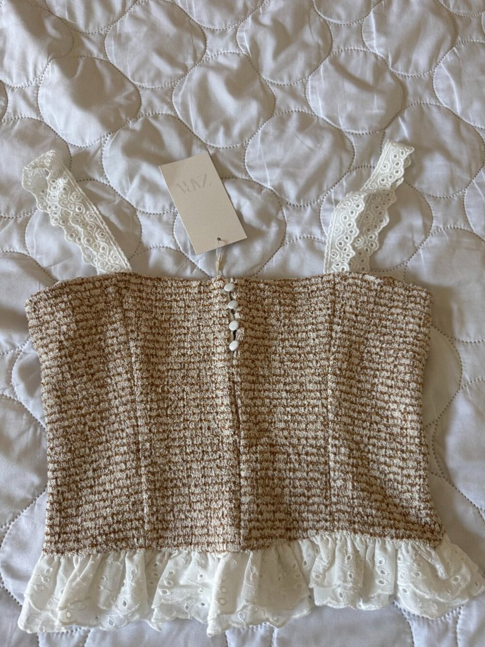 Zara Brown & Cream Tweed Lace Trim Corset Top Size M NWT
